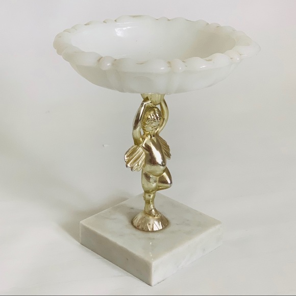 Vintage Milk Glass Dish w/Brass Cherub Marble Base - Picture 2 of 10